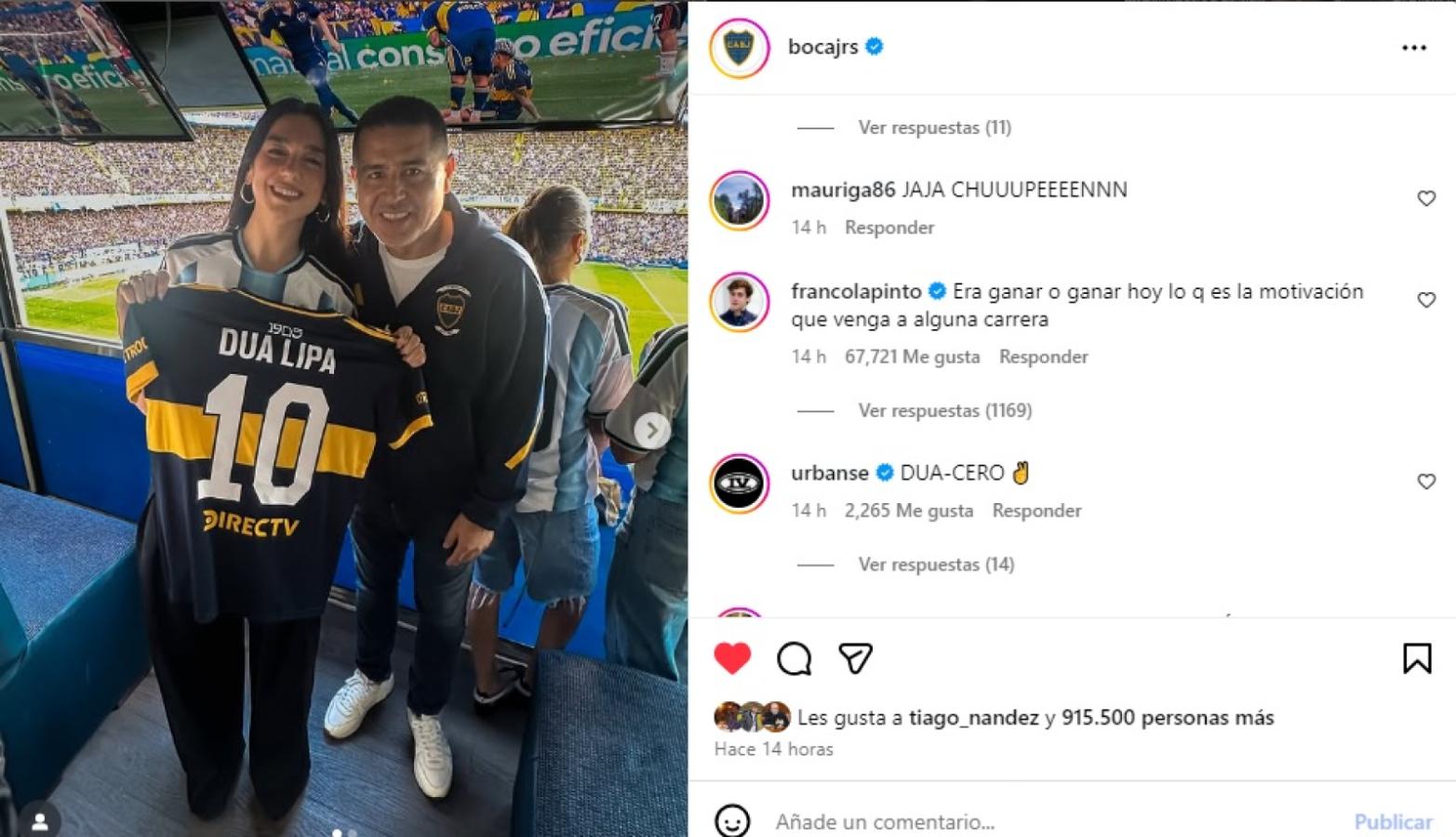 Imagen Colapinto comentó la publicación de Boca con Dua Lipa y Riquelme.