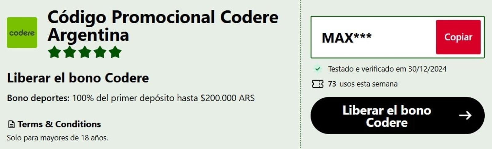 Imagen codigo promocional codere para Argentina