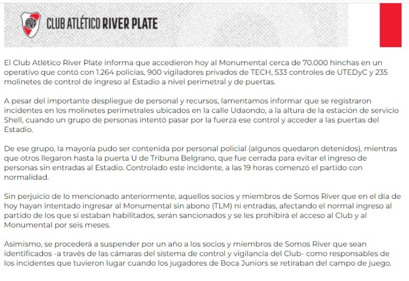 Imagen El comunicado de River tras lo sucedido en el Superclásico