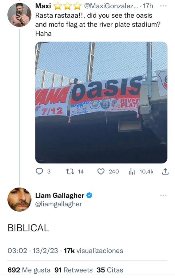 Imagen La reacción de Liam Gallagher al ver la bandera de Oasis en el Monumental