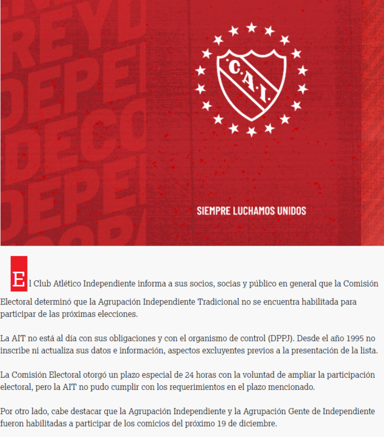 El comunicado oficial emitido por Independiente con los motivos de la "no habilitación" de la lista de Doman y compañía. 