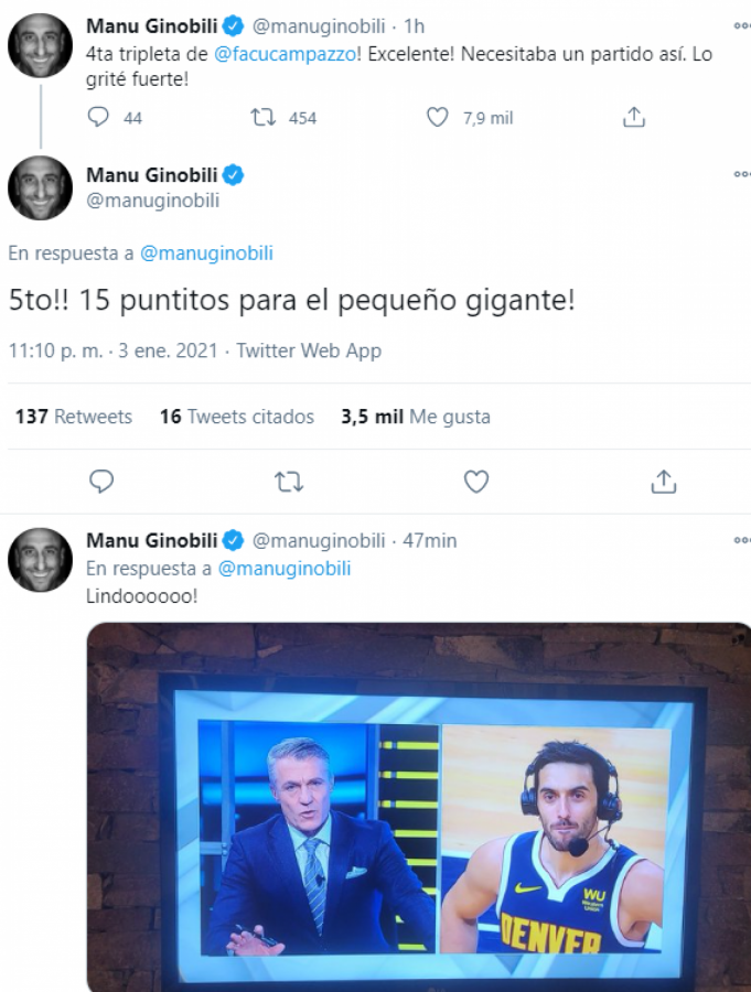Imagen Manu Ginóbili vivió con intensidad en las redes el partido de su ex compañero de Selección, y lo terminó felicitando.