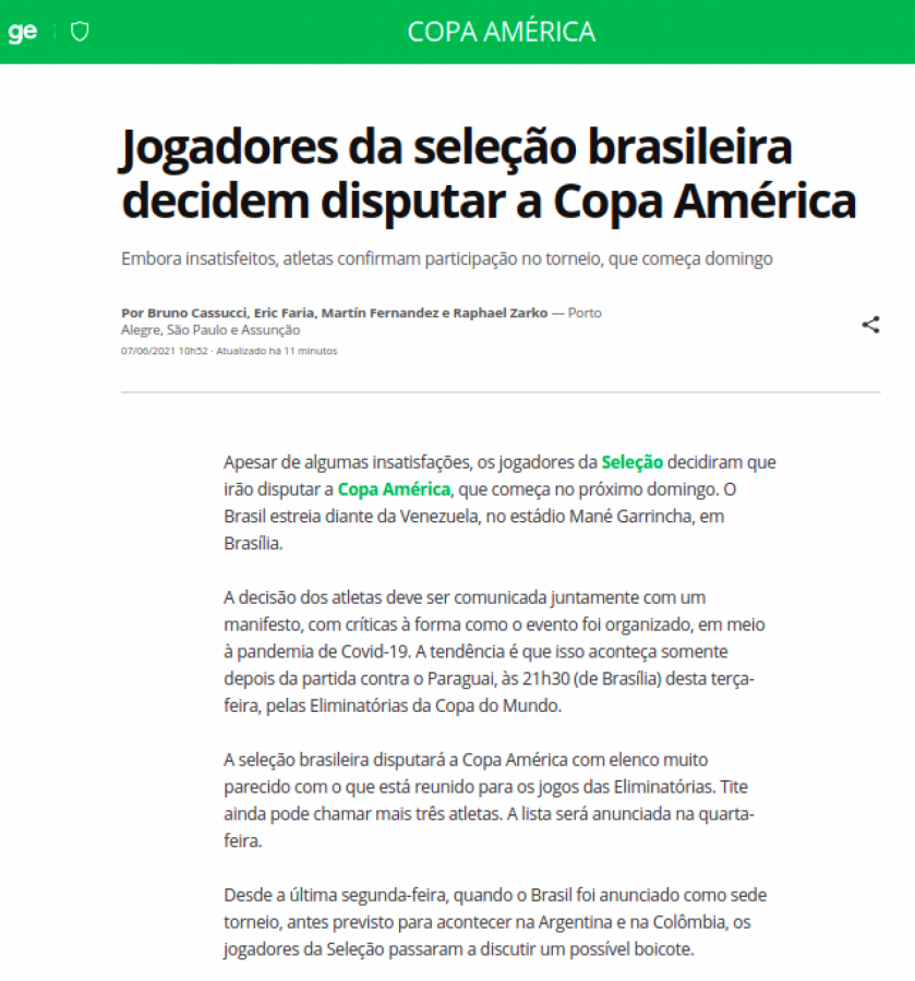 Imagen Globoesporte confirma la participación de Brasil en la Copa América