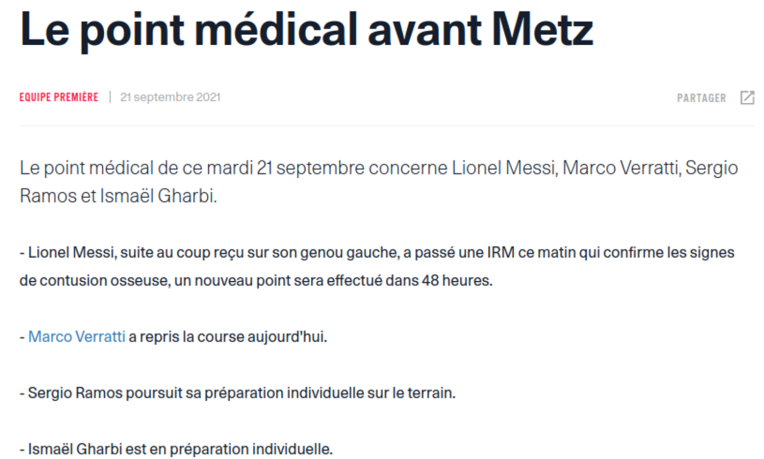 Comunicado médico de PSG
