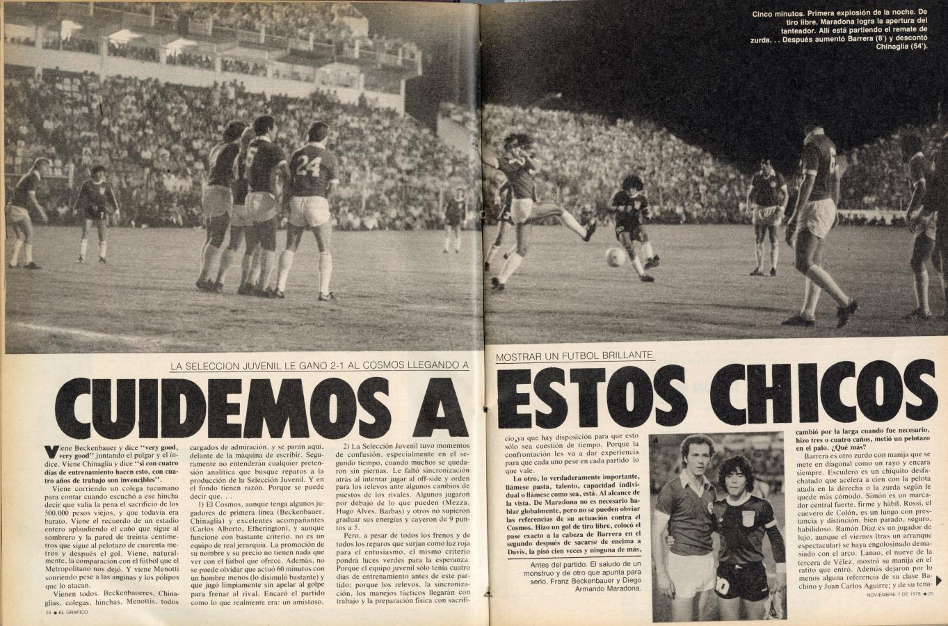 Imagen Nota de El Gráfico del 7 de noviembre de 1978. Se distinguen abajo a la derecha a Beckenbauer y a Diego Maradona.