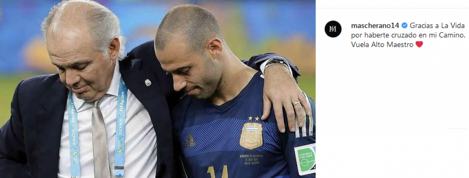 Imagen Mascherano y Sabella, tras la final del mundo perdida en Brasil 2014 ante Alemania. “Vuela Alto Maestro", fue el mensaje del Jefecito.