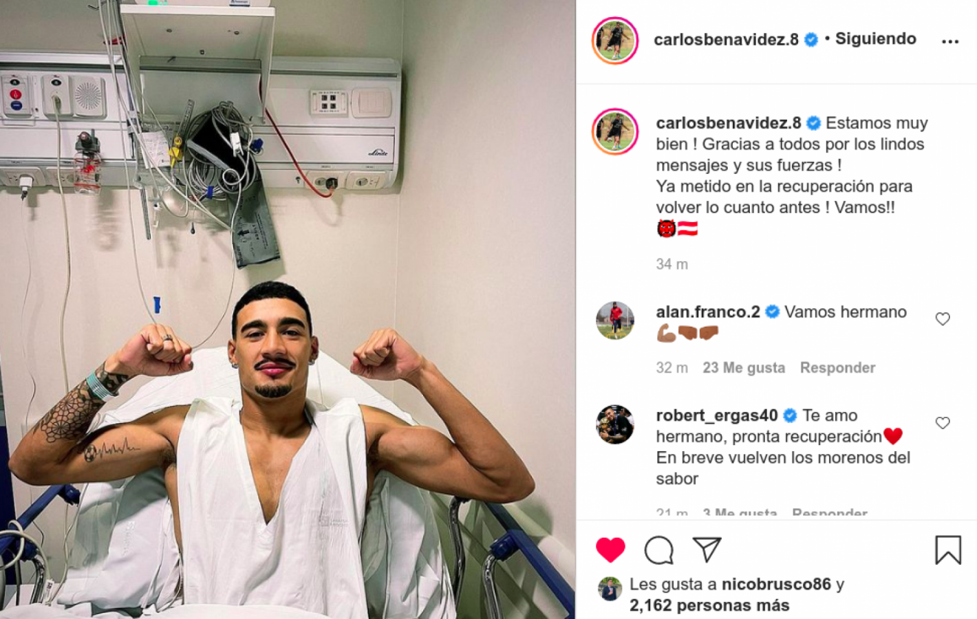 Imagen Benavidez tras la operación, agradeció los saludos en redes sociales.