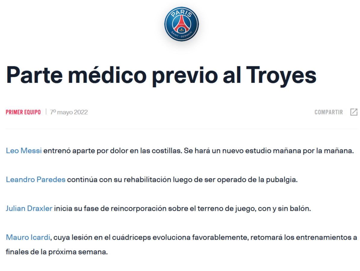 Imagen El parte médico del PSG.