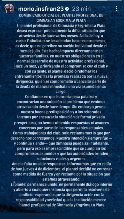 Imagen El comunicado completo de GELP, desde la cuenta del arquero Insfrán.