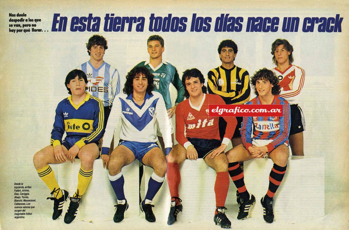 Primera nota en El Gráfico y primer viaje en avión (1986). “En esta tierra todos los días nace un crack“, con Fabbri, Artime, Caniggia, Tuta Torres, Adrián Bianchi, Massacessi y Calbanese.