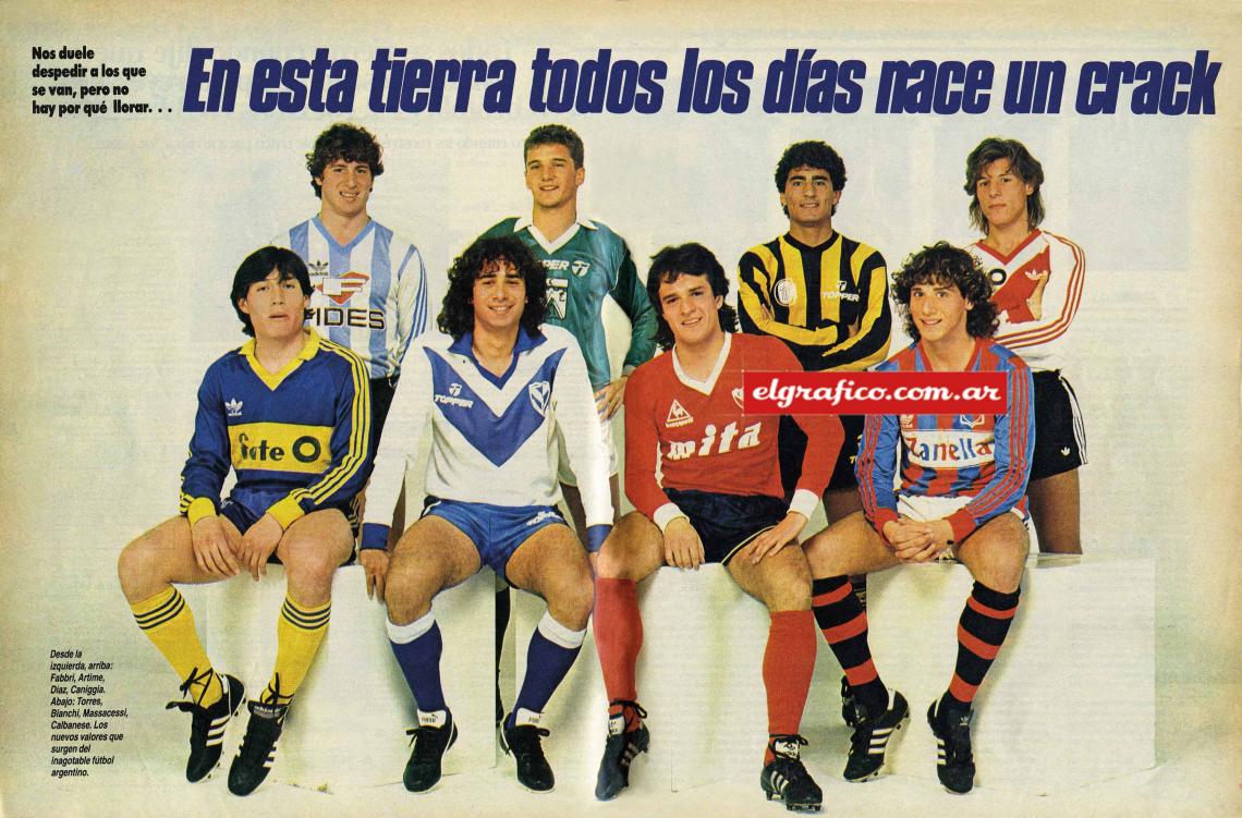 Imagen Primera nota en El Gráfico y primer viaje en avión (1986). “En esta tierra todos los días nace un crack“, con Fabbri, Artime, Caniggia, Tuta Torres, Adrián Bianchi, Massacessi y Calbanese.