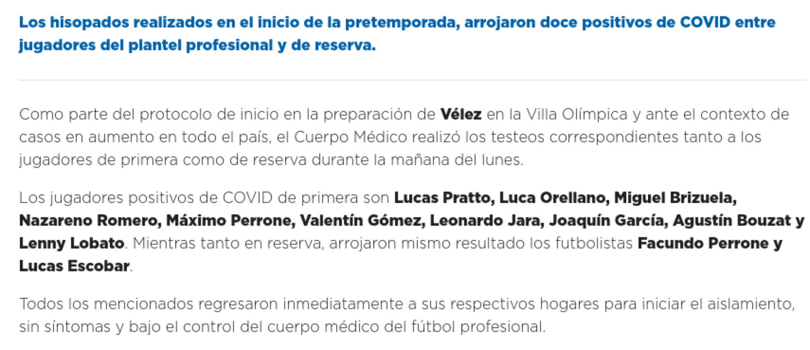Imagen El comunicado con los positivos en Vélez Sarsfield.