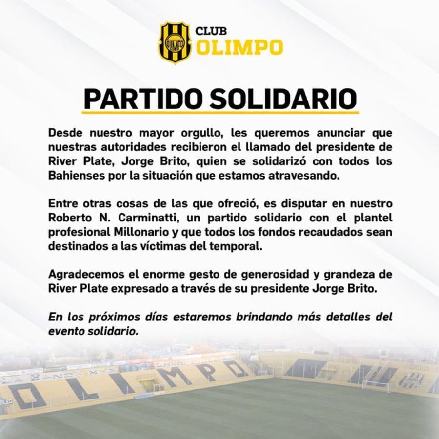 Imagen El anuncio de Olimpo sobre el amistoso con River.