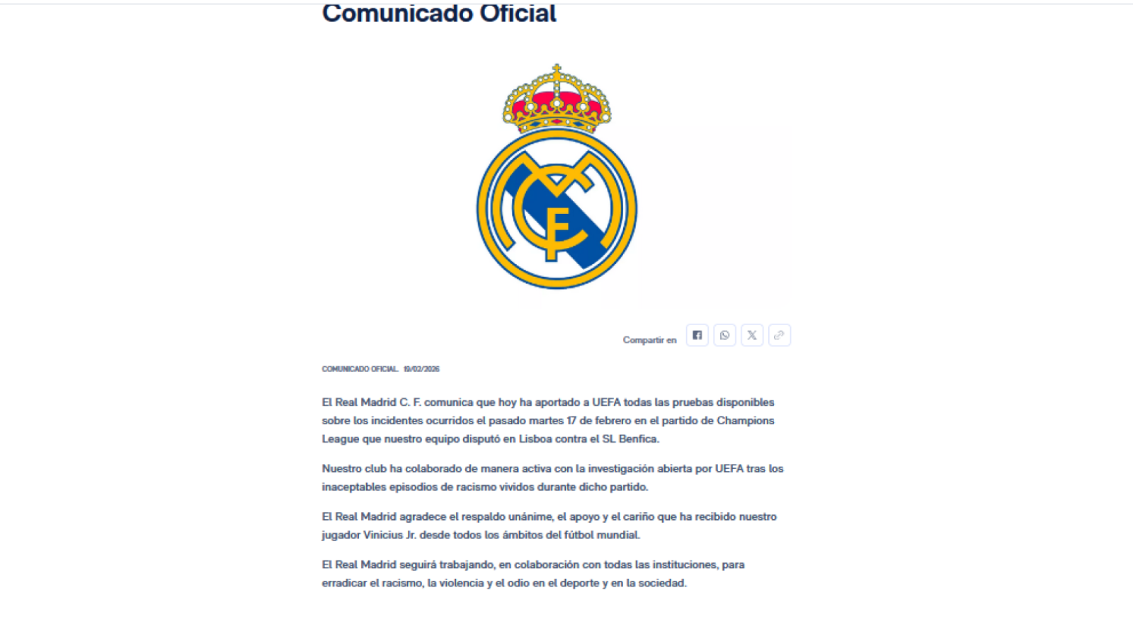 Imagen El comunicado oficial de Real Madrid sobre el tema Vinicius.