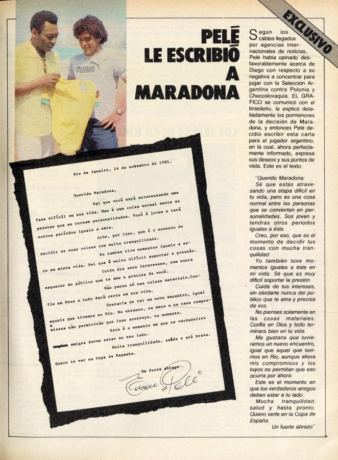 Imagen La página de El Gráfico del 17 de noviembre de 1981 en donde se publicó la carta de Pelé a Diego.
