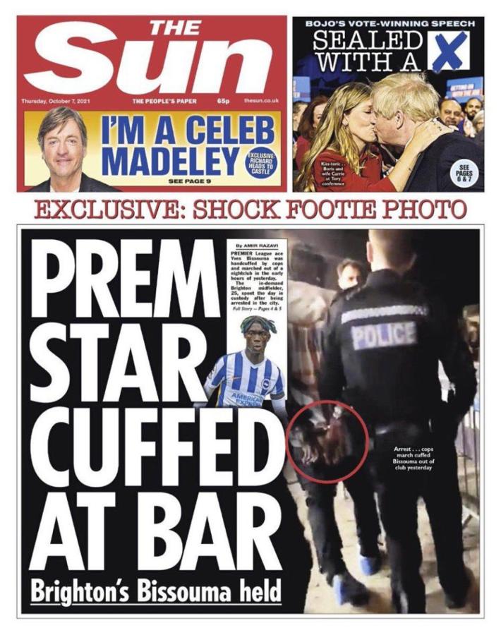 Imagen Bissouma, esposado, fue tapa de The Sun. Es un escándalo total en la Premier League.