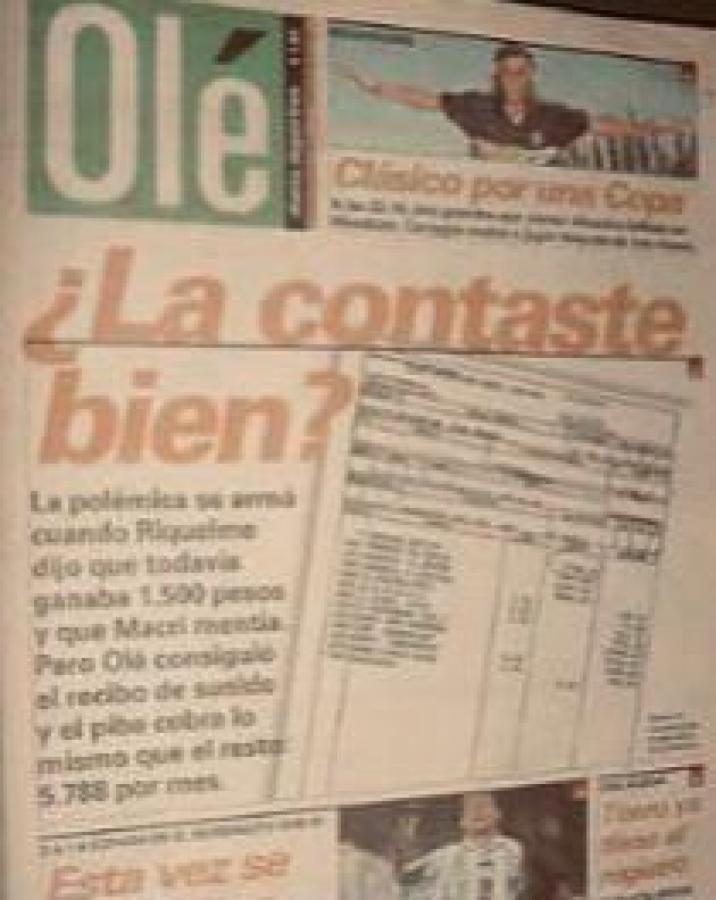 Imagen 1998: la tapa de Olé con el sueldo de Riquelme