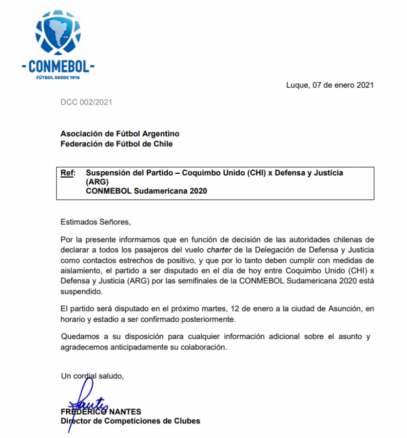 Imagen El comunicado completo que emitió la Conmebol en donde informa sobre la suspensión del partido y sus motivos.