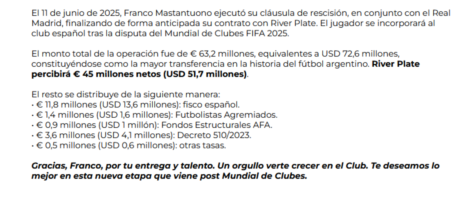 Imagen River dio los detalles de la transferencia de Mastantuono.