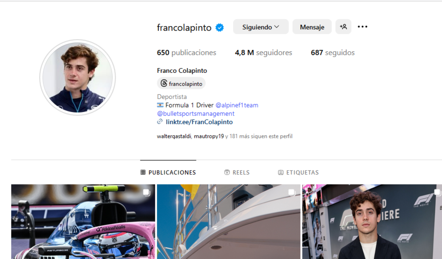 Imagen Colapinto, en el top ten de los pilotos más seguidos en Instagram.