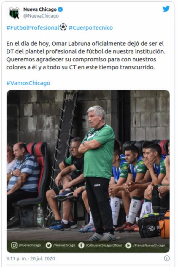 Imagen La prueba del adios, Chicago agradecia los servicios de Labruna en redes sociales.
