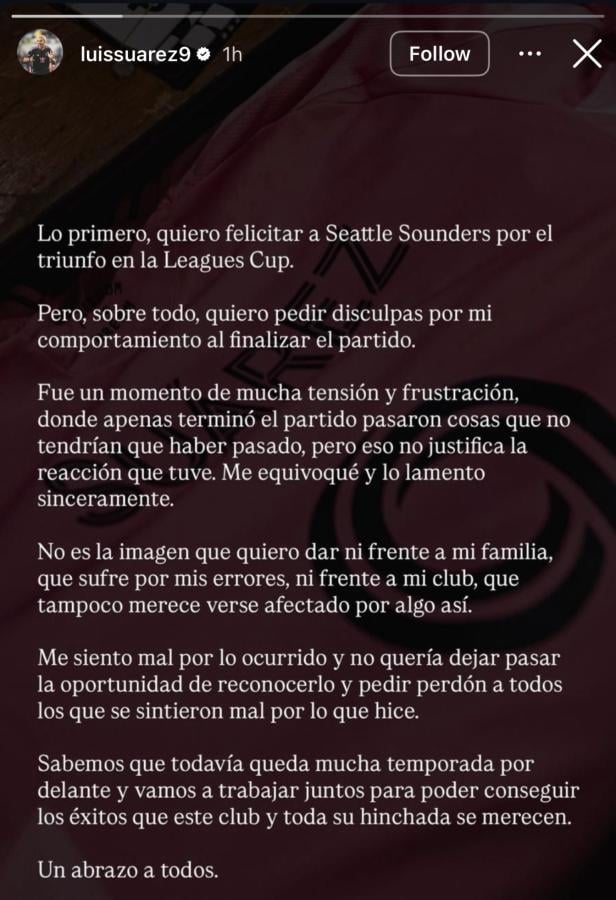 Imagen El descargo escrito por Luis Suarez en sus redes sociales.