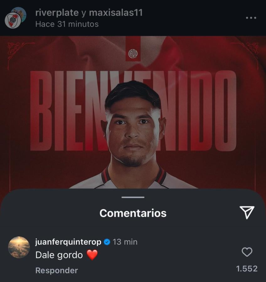 Imagen Juanfer se alegró por la llegada de Salas a River. Volverán a ser compañeros.