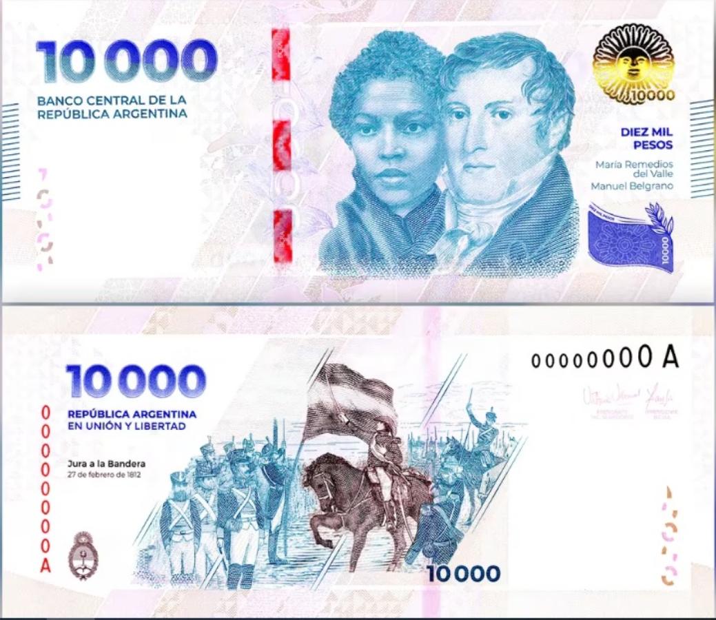 Imagen El nuevo billete de 10 mil pesos argentinos.