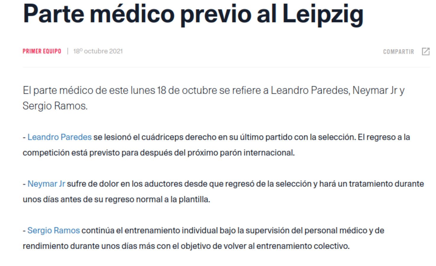 El parte médico del PSG