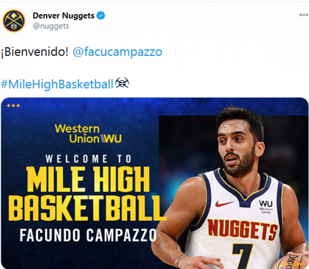 Imagen El tweet de bienvenida de los Nuggets para Facu Campazzo.