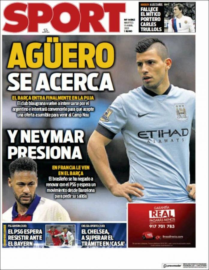 Imagen Tapa del Diario Sport de Barcelona. ¿Jugarán juntos Messi y Agüero?