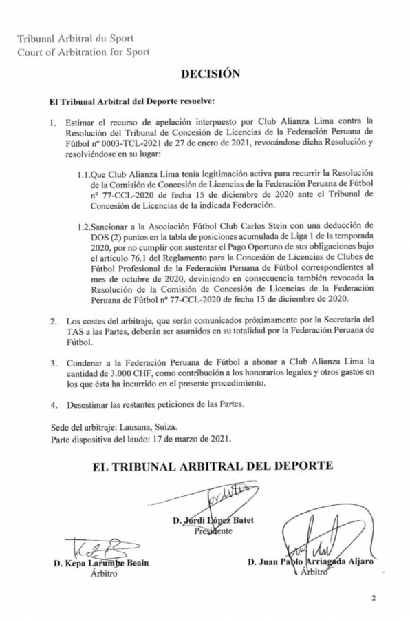 Imagen El comunicado del TAS: Alianza Lima continuará en la máxima categoría de Perú.
