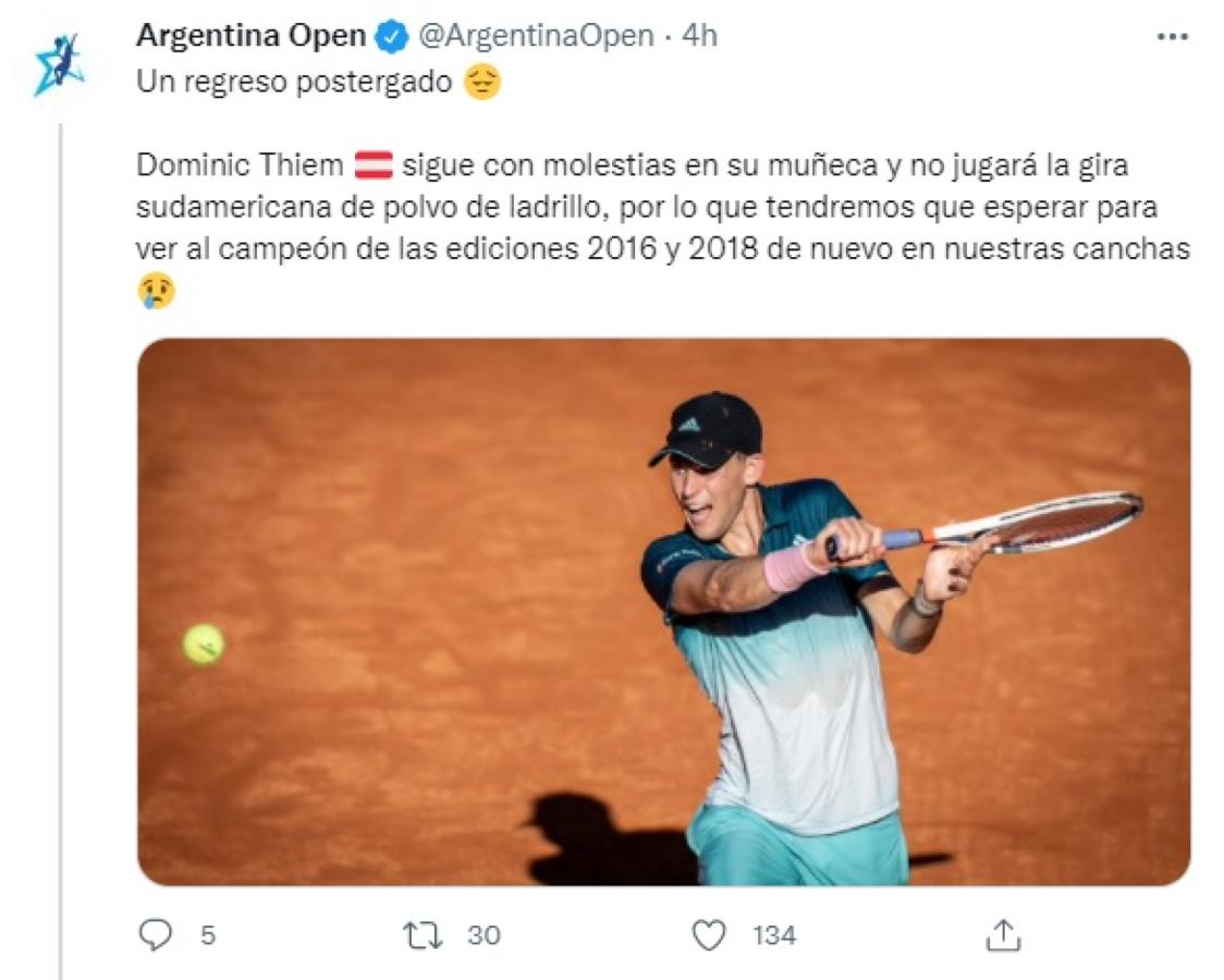 Imagen Dominic Thiem, afuera del Argentina Open y del resto de la gira sudamericana.