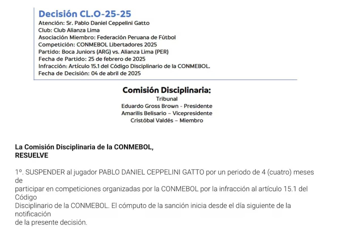 Imagen El boletín de Conmebol con la sanción al uruguayo.