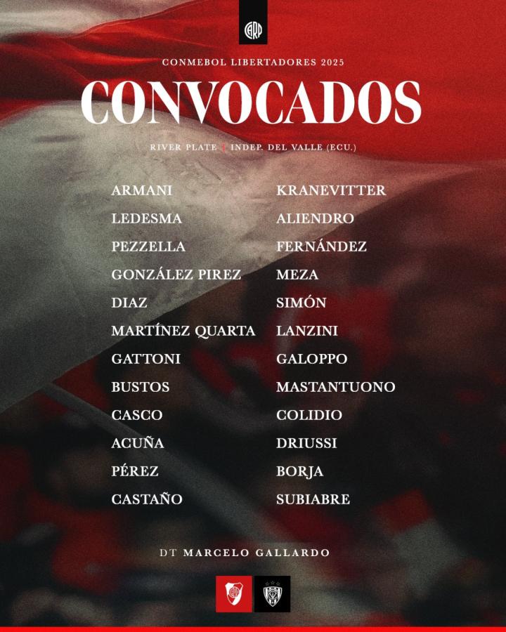 Imagen Los 24 convocados por Gallardo para el duelo de este jueves.