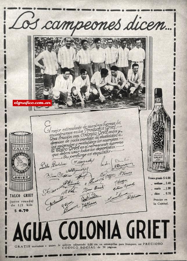 Imagen Publicidad aparecida en El Gráfico autografiada por los campeones criollos.