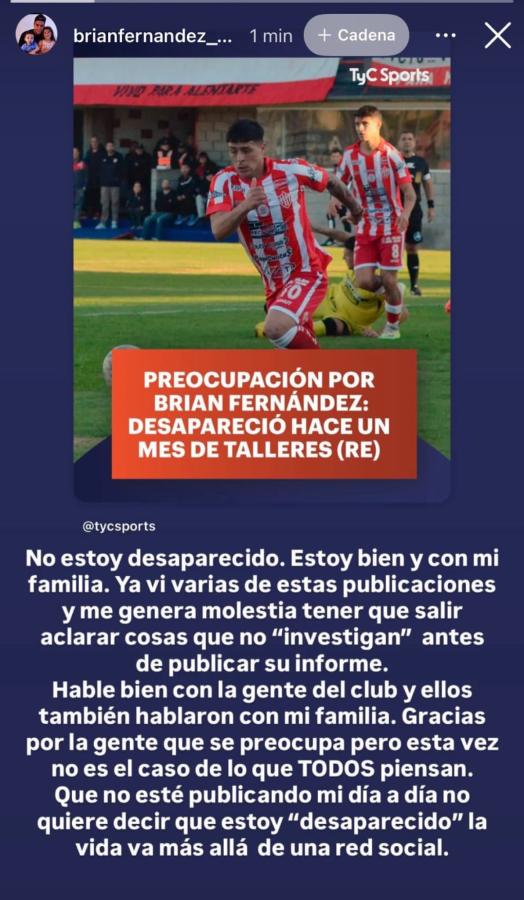 Imagen El descargo de Brian Fernández en sus redes sociales.