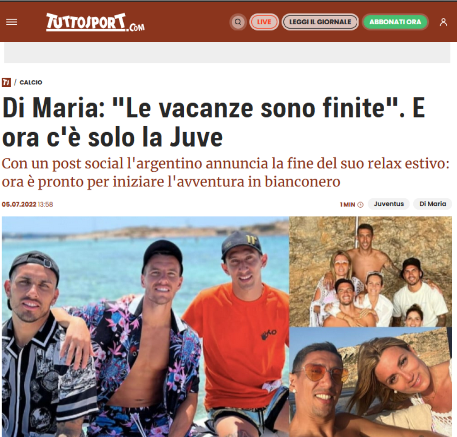 Imagen Tuttosport y la llegada de Di María a Juventus