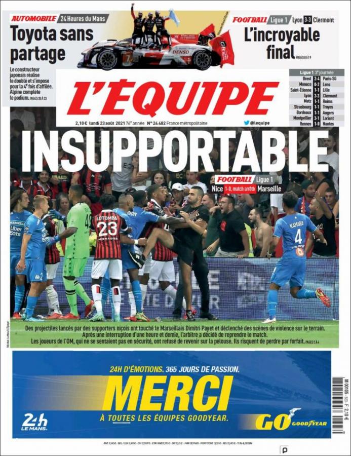 Imagen L'Equipe "Insoportable", el fútbol francés encendió las alarmas.