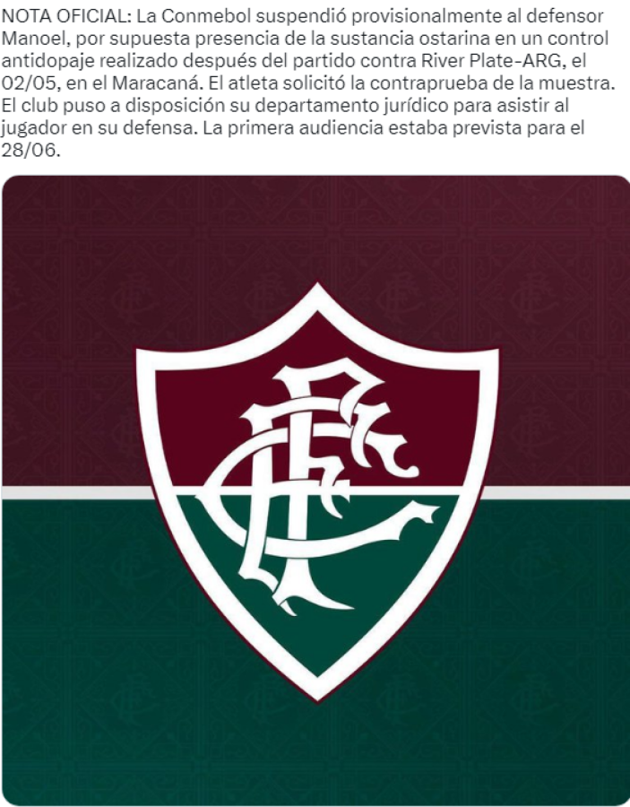 Imagen Fluminense comunicó el positivo de Manoel en su twitter.