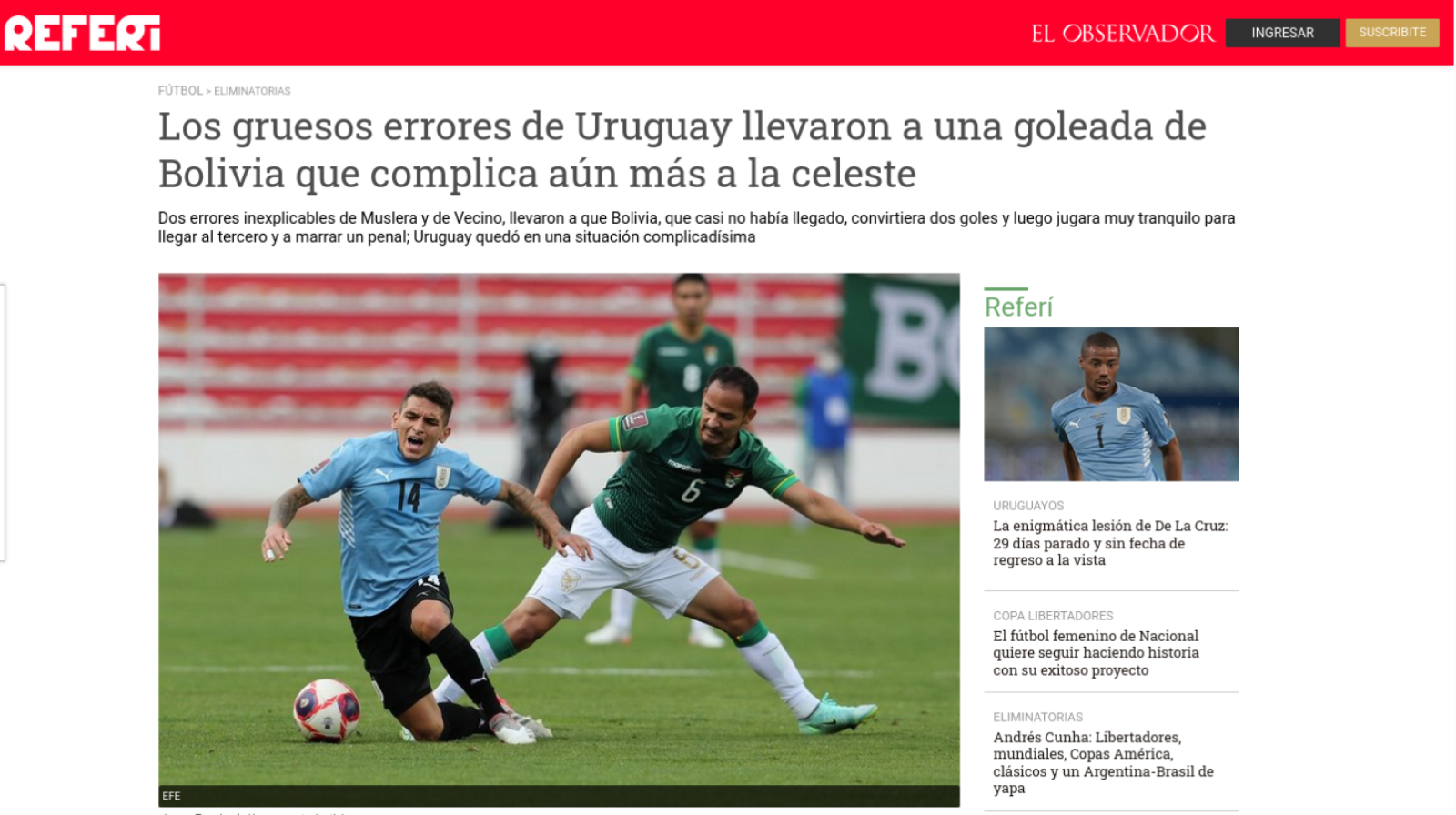 Imagen El Observador remarca los errores propios de la Selección como uno de los síntomas de sus males.