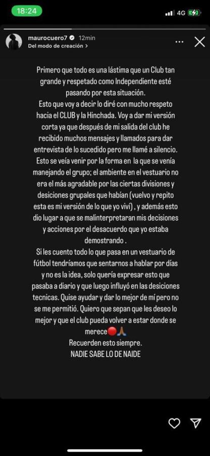 Imagen Mauricio Cuero y la versión de los hechos tras su salida de Independiente