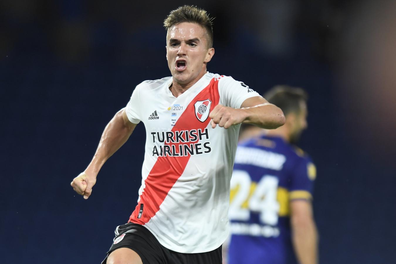 Imagen Palavecino festejando su primer gol en River, nada menos que en la Bombonera. Hoy no es tenido en cuenta por Demichelis.