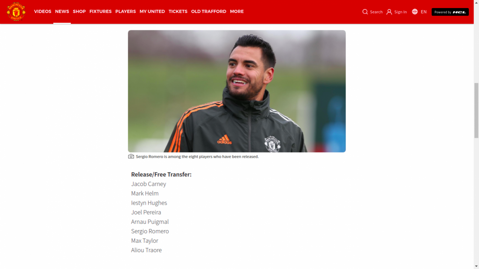 Imagen La comunicación oficial en la página del Manchester United