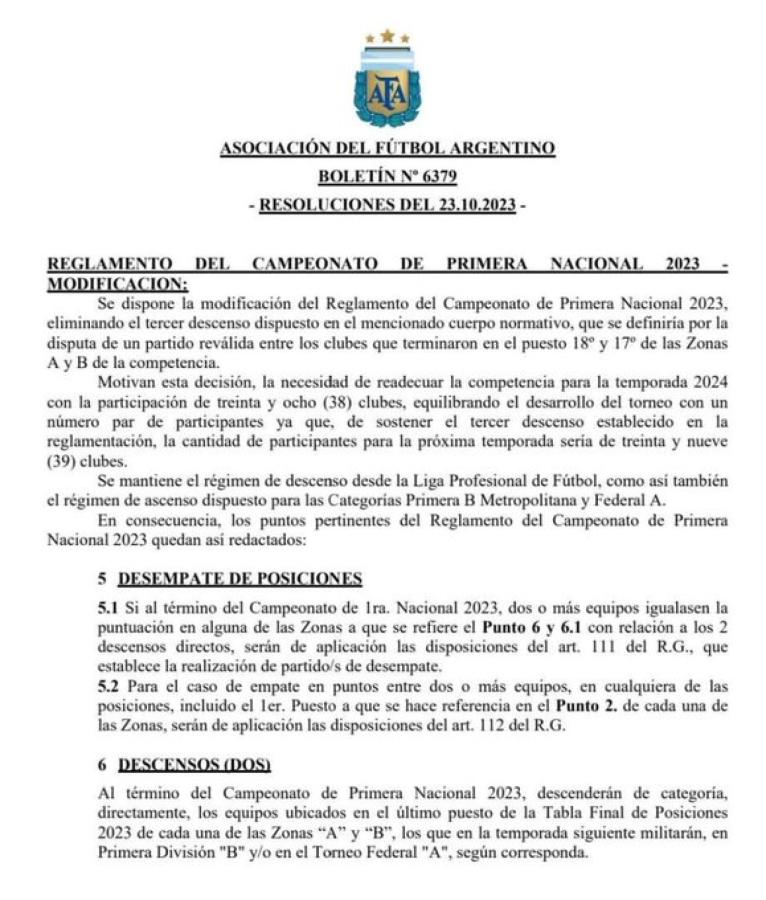 Imagen Boletín de AFA con el anuncio de la quita de un descenso en la Primera Nacional.