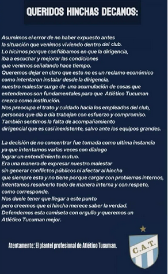 Imagen El comunicado del plantel de Atlético Tucumán.