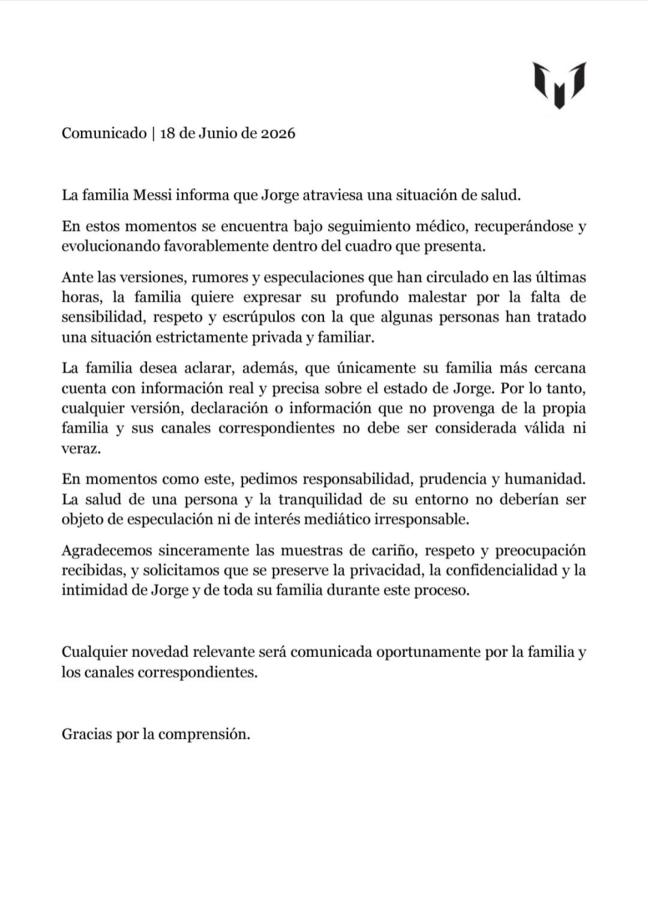 Imagen El comunicado de la familia Messi sobre la salud de Jorge.