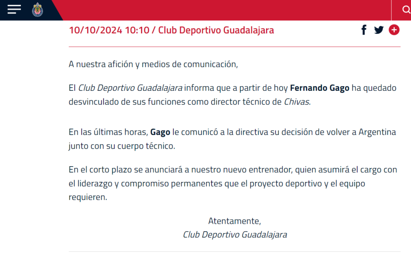 Imagen El anuncio de Chivas con una fuerte crítica hacia Gago.
