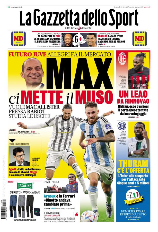 Imagen La tapa de La Gazzetta dello Sport con la información de Alexis.