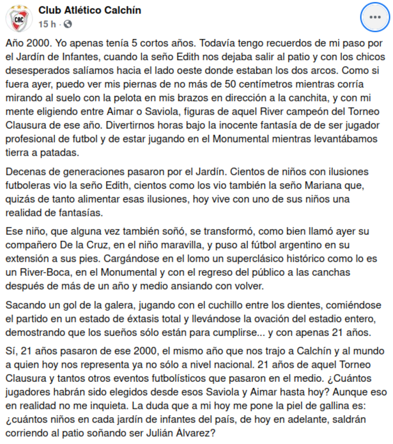 La carta del Club Atlético Calchín